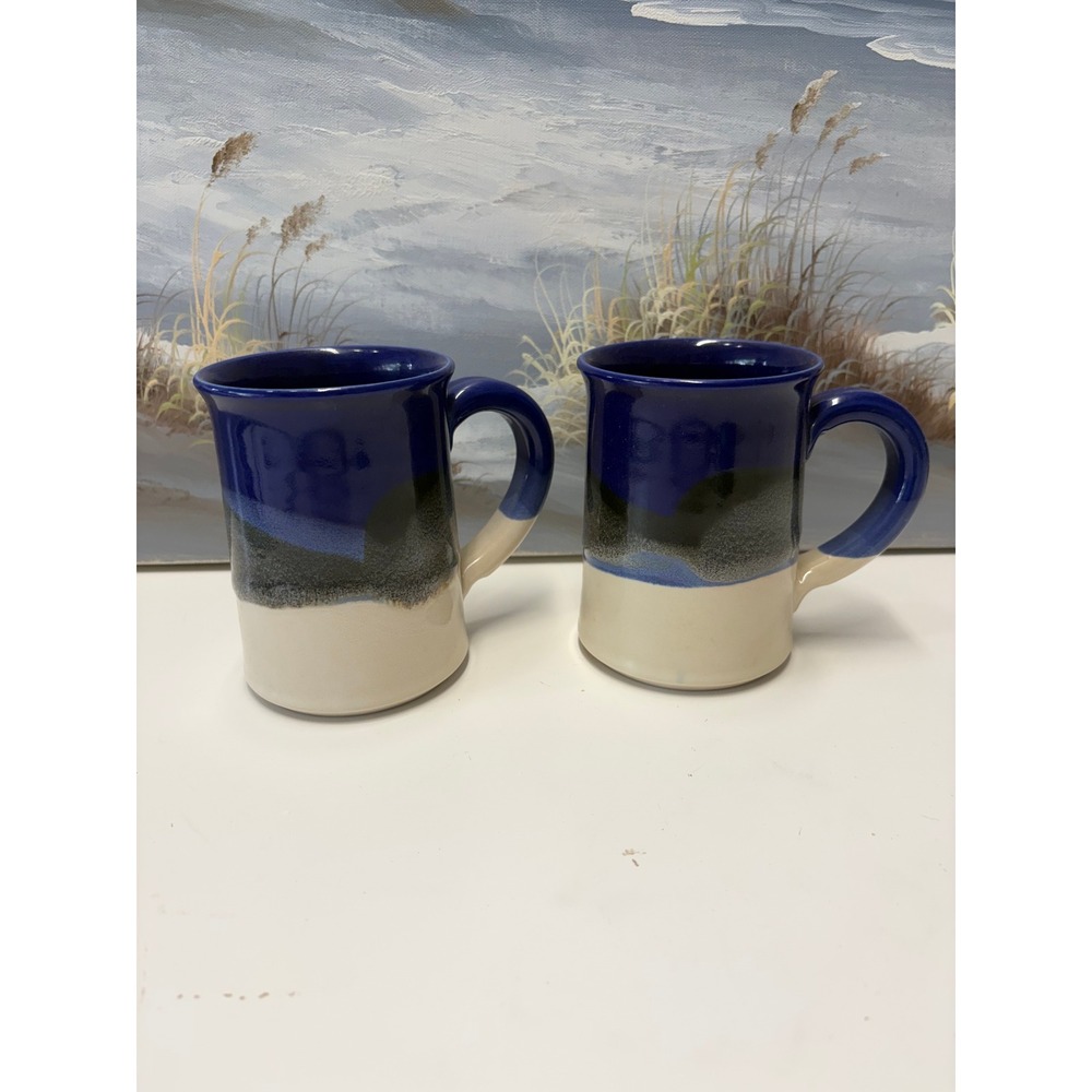 Studio Pottery Cobalt Blue Cream Drip Glaze Coffee Mugs Set of 2 Handcrafted